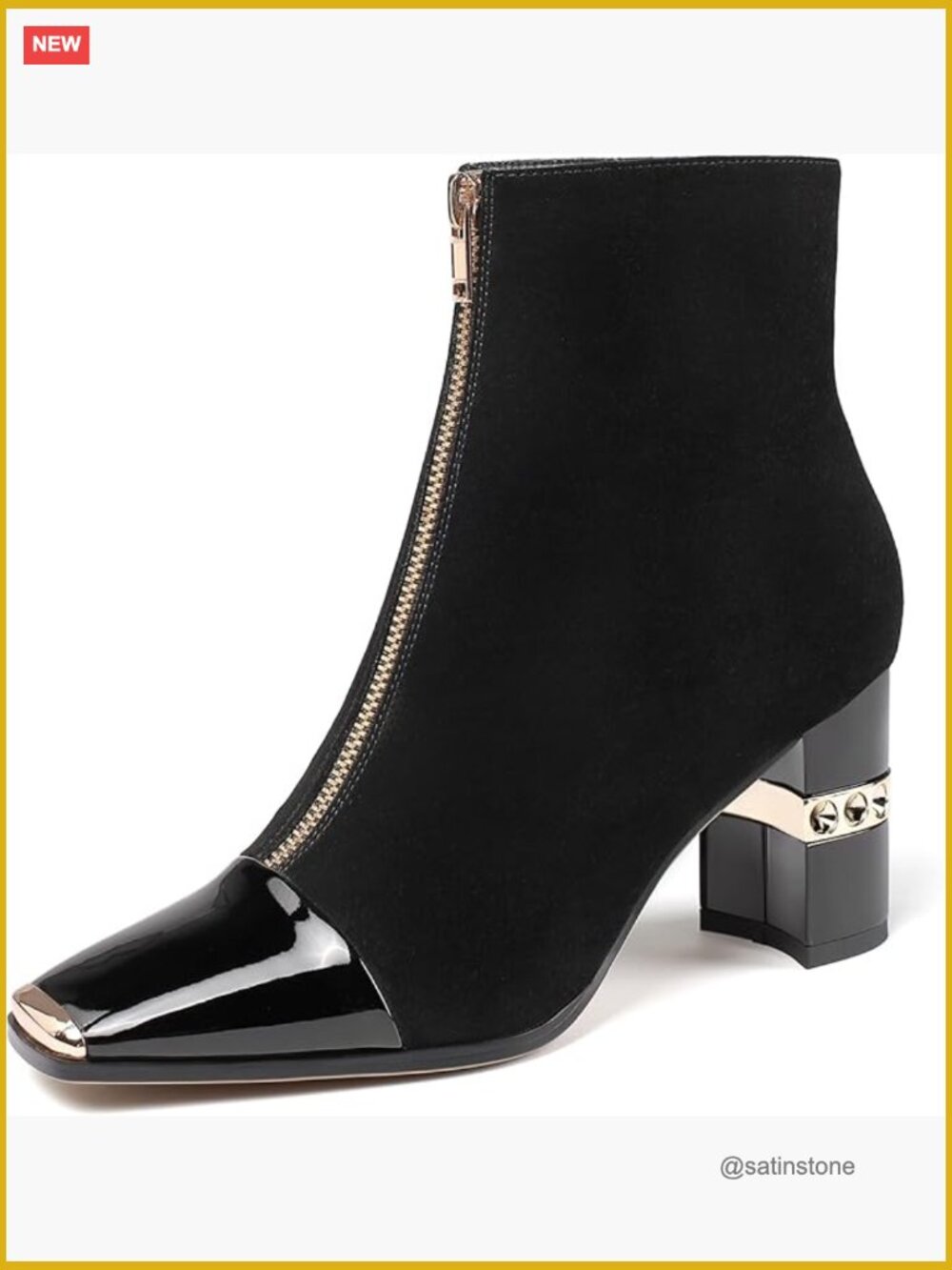 Women's Ankle Boots Block Chunky Heels Square Toe Suede Front Zipper 3 Inch